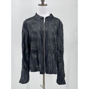 Vintage Kippys Black Leather Black Beaded Rhinestone Full Zip Jacket Sz 12